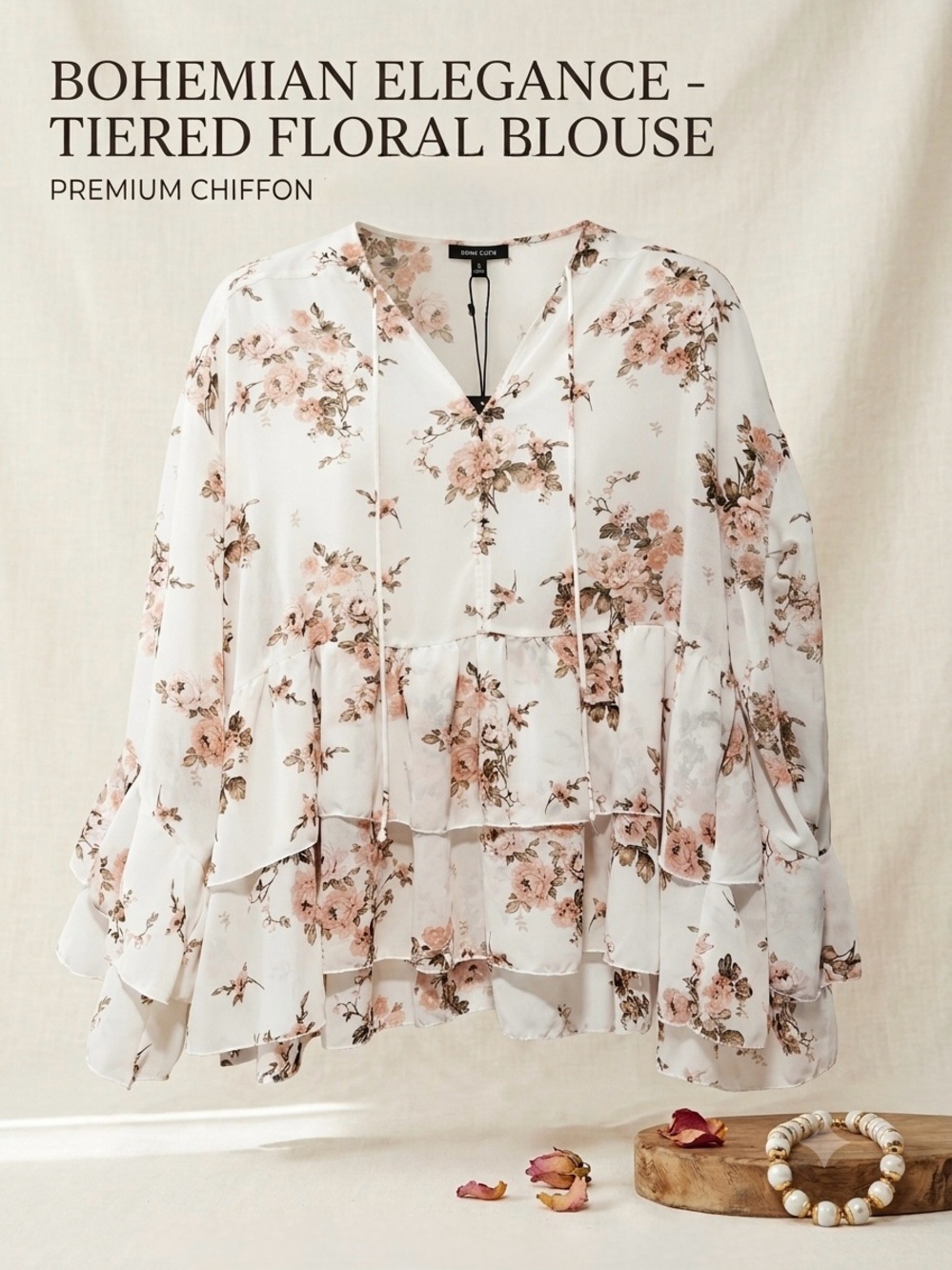 H & M Divided Bohemian Tiered Floral Blouse - White with Blush Floral